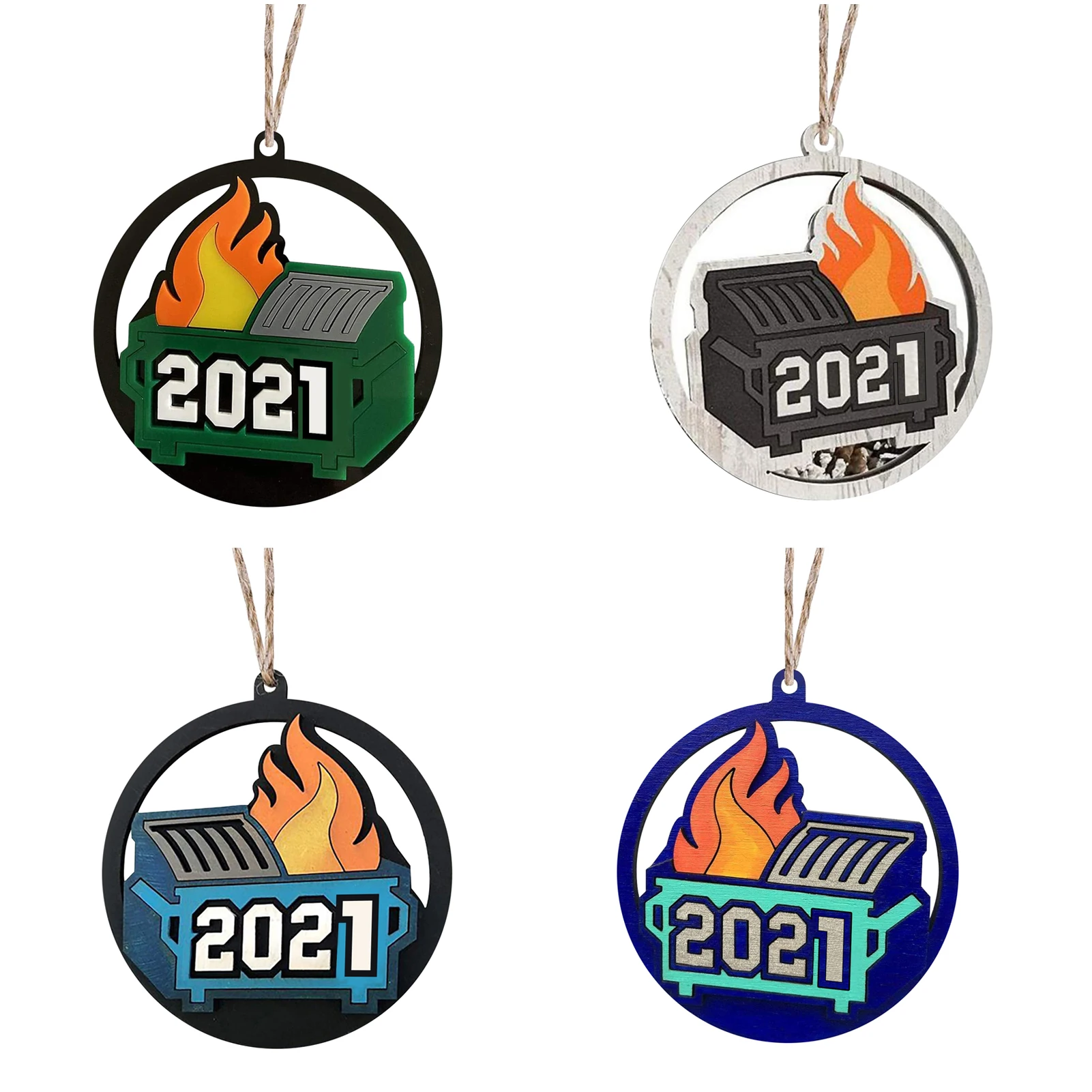 

4pcs 2021 Dumpster Fire Wood Christmas Tree Ornament Merry Christmas Decoration For Home Creative Dumpster Flame Pendant Gift