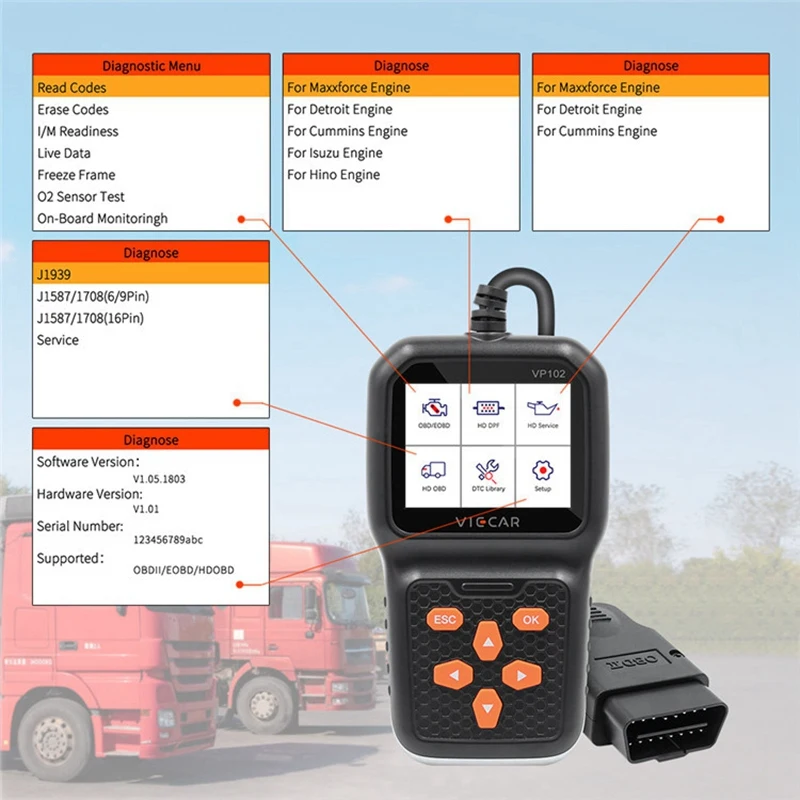 

Viecar VP102 OBD2 Car Code Reader Scanner Supports J1939 J1708 Automotive Trucks Diagnosis Tool