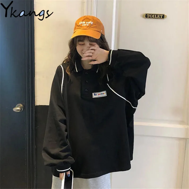 

Korean Loose Polo Collar Women Pullover New Autumn Long Sleeves Ladies Tracksuit Outdoor Leisure Solid Color Oversize Sweatshirt