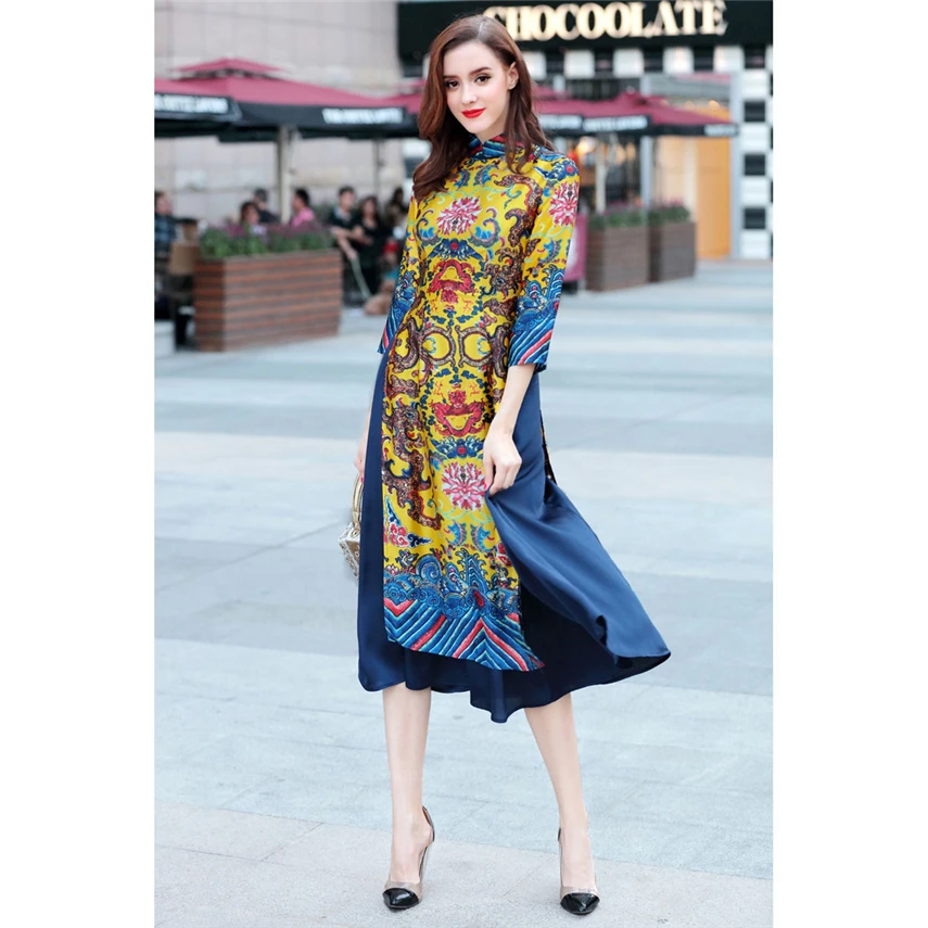 Благородное традиционное вьетнамское элегантное ретро платье Ципао с цветочным