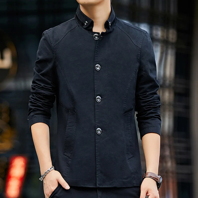 

2020 Men's New Casual Loose Collar Jacket Youth Autumn Cotton Washed Single-Breasted Solid Color Jacket