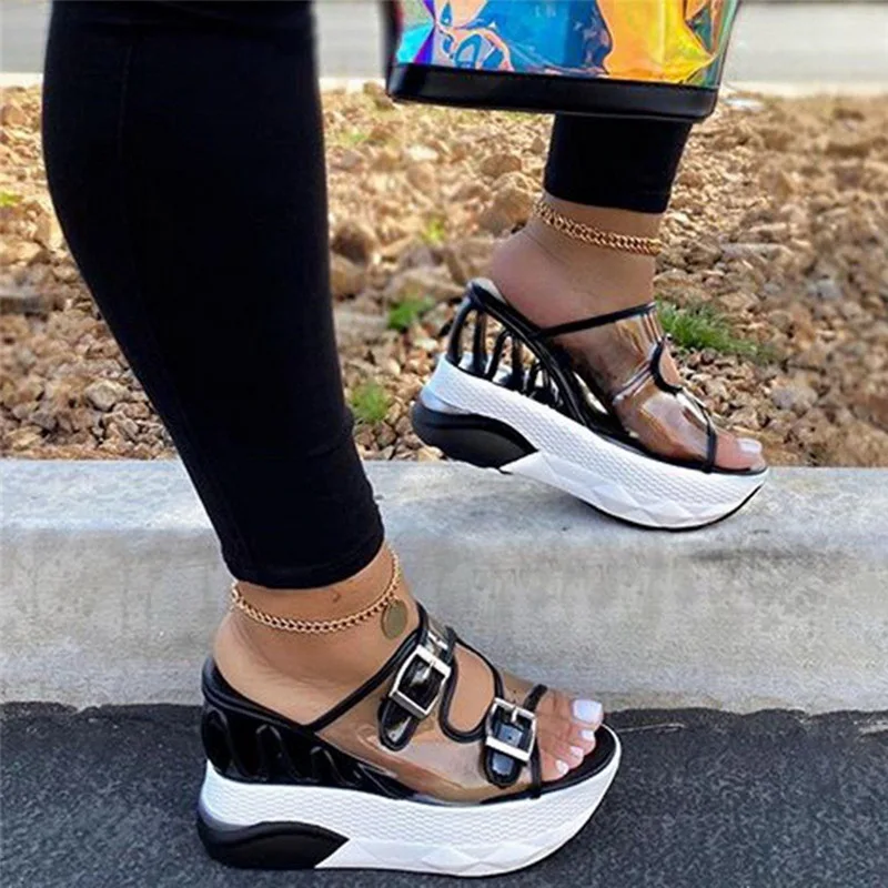 

Candy-colored High-heeled Sandals Summer 2021 Latest Ladies Transparent Sandals Ladies Platform Wedge Sandals Double Buckle Belt