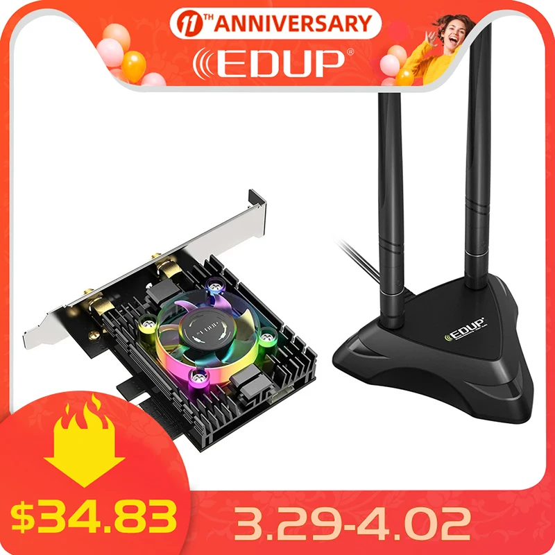 

EDUP 3000Mbps WiFi 6 Card Adapter With Heatsink & RGB Fan Bluetooth 5.1 Dual Band 2.4G/5G With Antenna Base Intel AX200 Chipset