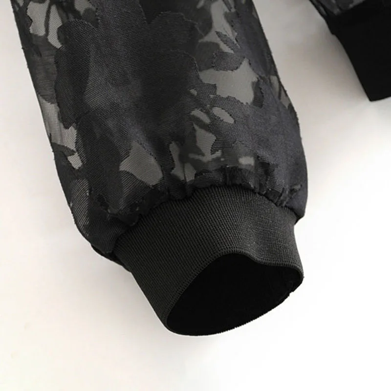 Ветровка короткая черная куртка на молнии с кружевом Осенняя мода Повседневная