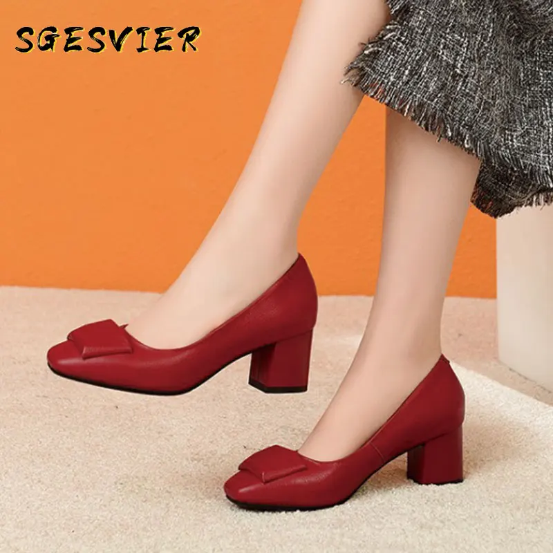 

SGESVIER Spring Quality Genuine Leather Shallow Women Brand Pumps Elegant Office Basic Dancing Shoes Woman Plus Size Square Heel