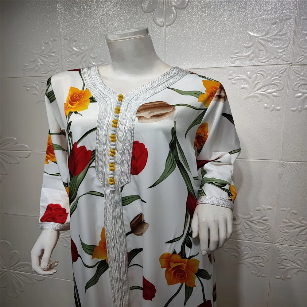 

Fashion Casual Comfortable Summer Clothing Muslim Long Dress Women Printing Floral V Neck Ankle Length Wholesale Dropshipping