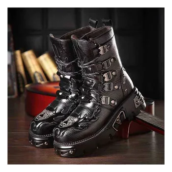 2021 Gothic Punk Men's Leather Boots Motorcycle Boots Platform Rubber Boots Black Warm Mid Calf Military Combat Boots Fashion47