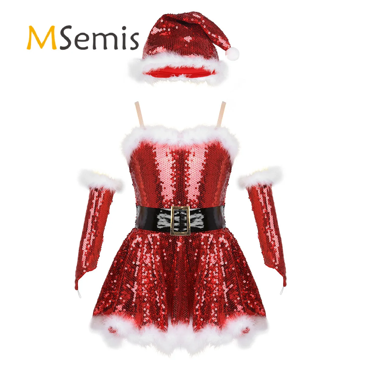 

Kids Girls Figure Ice Skating Roller Skating Christmas Santa Dance Costume Sequins Ballet Leotard Dress with Hat Arm Sleeves