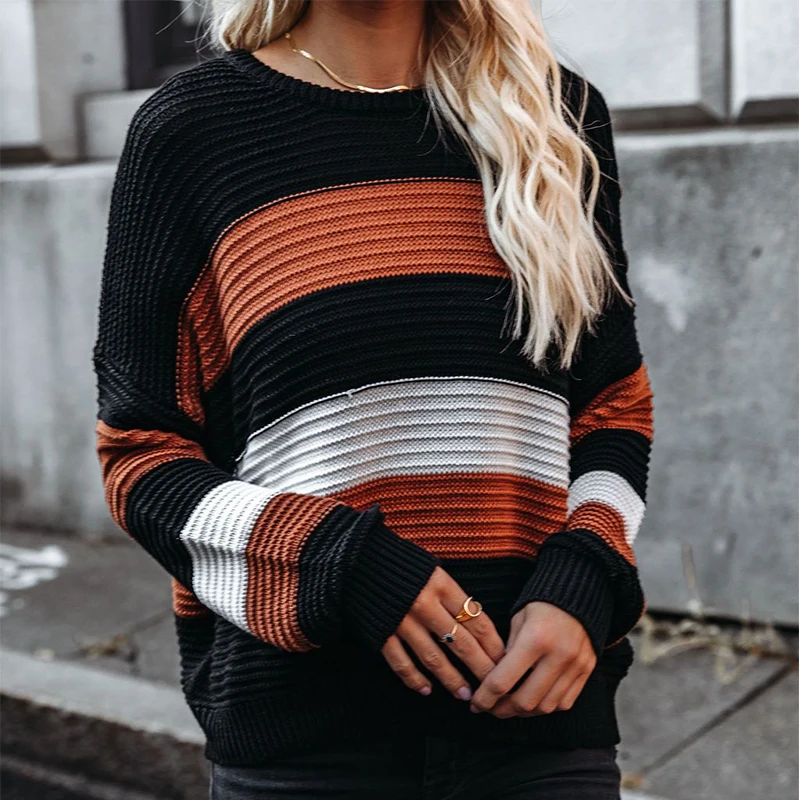 

Autumn Winter Knitted Striped Sweater Women Casual Patchwork Pullovers Sweaters O Neck Loose Warm Jumper Streetwear Knitwear