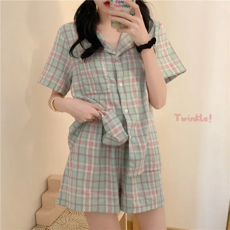 

Girls Home Suit Summer Korean Pajamas for Women Kawaii Plaid Lapel Sleepwear Japanese Sweet Pijamas Plus Size 2Piece Pyjamas Set