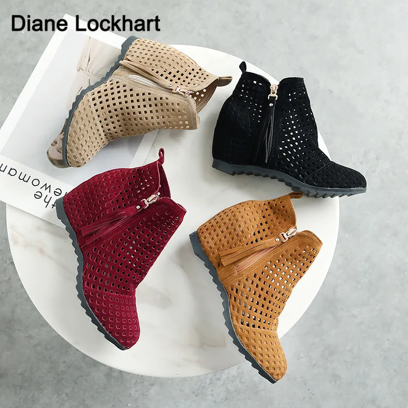 

2022 New Platform openwork Women Ankle Boots Autumn Wedge Heels Wedges Cutout Boots Flock Ankle Boots For Ladies Party Shoes