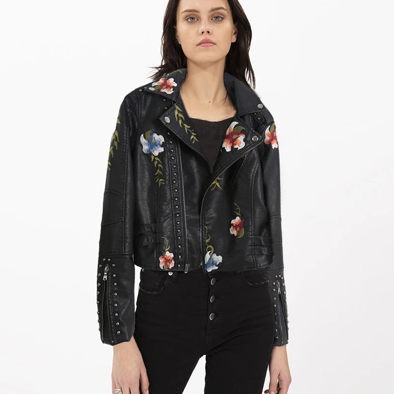 

New Womens Long Sleeve Floral Embroidered Turn-down Collar Leather Jacket Sportswear Fashion Motorcycle Coat Mujer