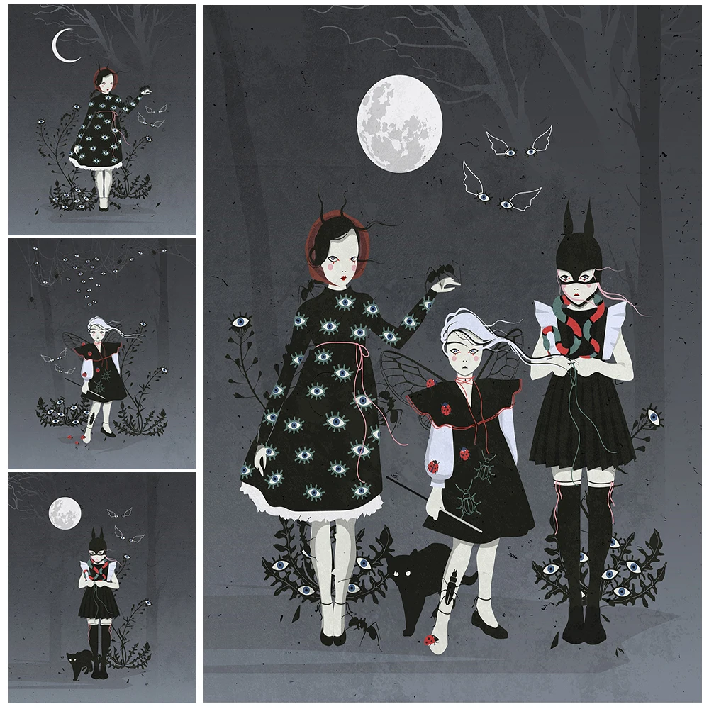 

Little Girls And Plants With Eyes In The Moonlight Wall Art Canvas Painting Decoration Gothic Dark Horror Art Posters And Pritns