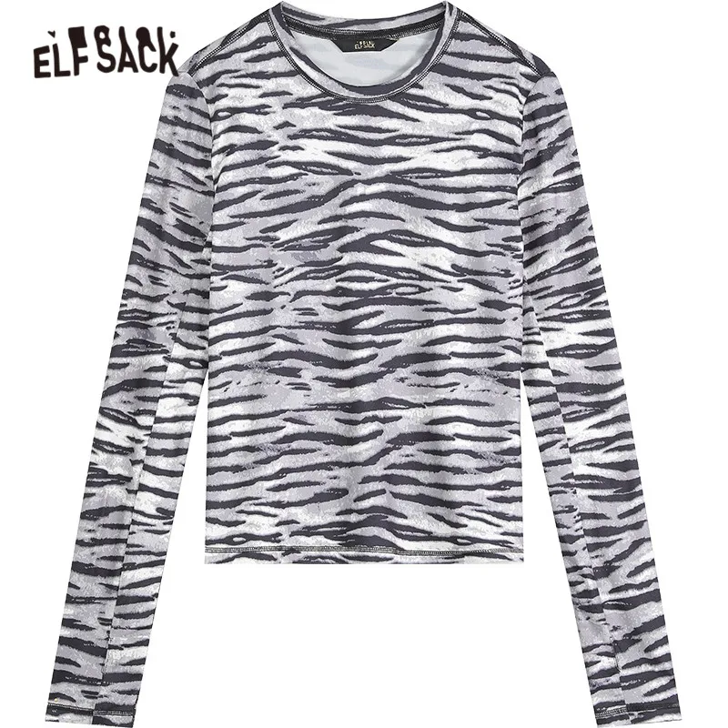 

ELFSACK Solid Pure Chain Casual T-Shirts Women,2021 Spring ELF Vintage Zebra Striped Full Sleeve Female Basic Daily Tops