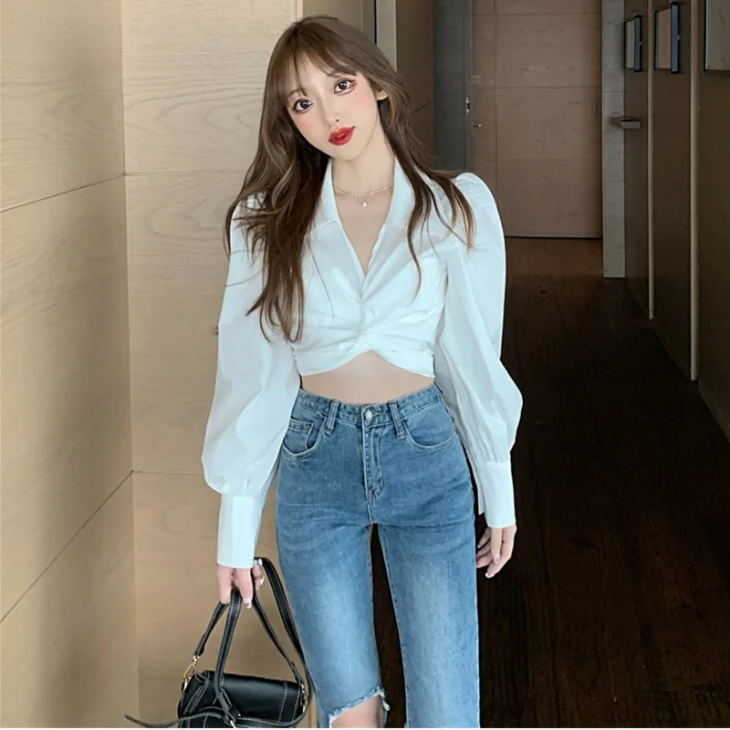 Хипстерская рубашка с отложным воротником и рукавами-фонариками кроп-топ модная