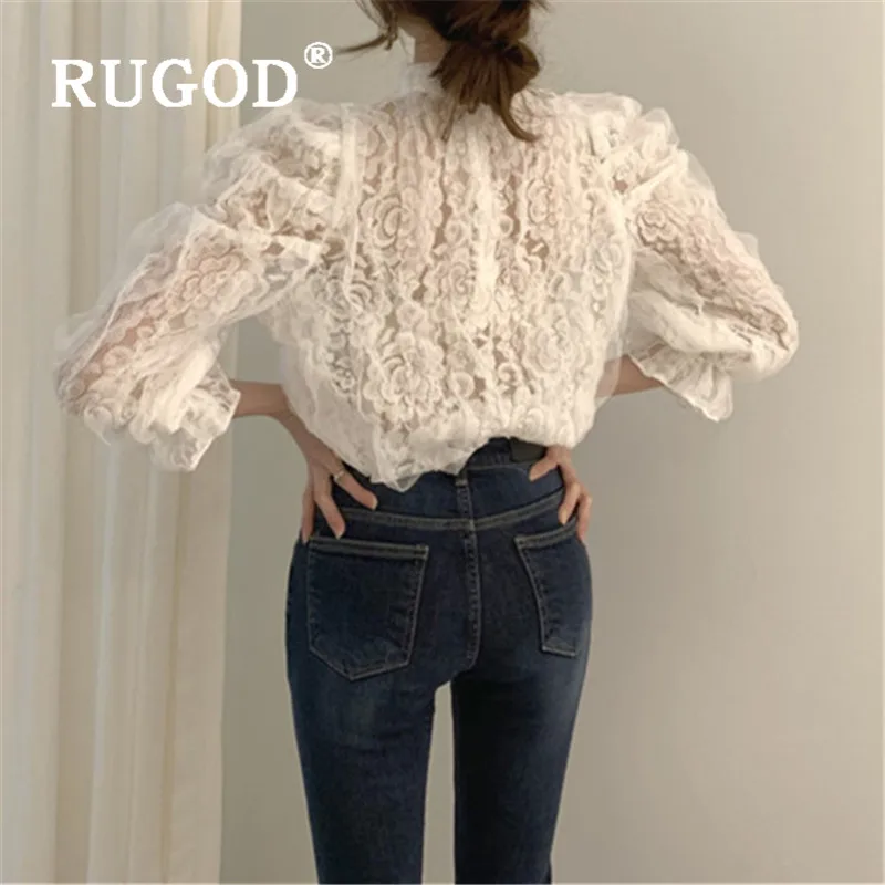 Женская кружевная блузка RUGOD с рукавами колокольчиками элегантная однотонная