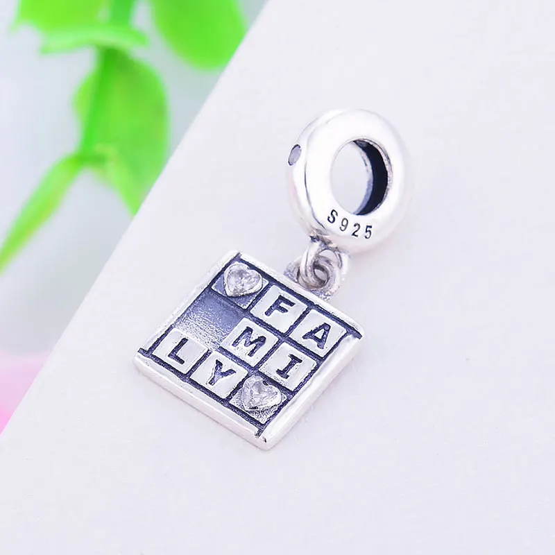 Genuine 925 Sterling Silver Sqaure Puzzle Family Heart Shape Zircon Bead Fit Original Pan Charm Bracelet Making Kid Berloque | Украшения и