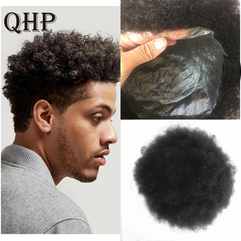 Mens Toupee Wig Soft PU Afro Kinky Curly Replacement Hair System Handmade Hairpieces Indian Human Remy Hair