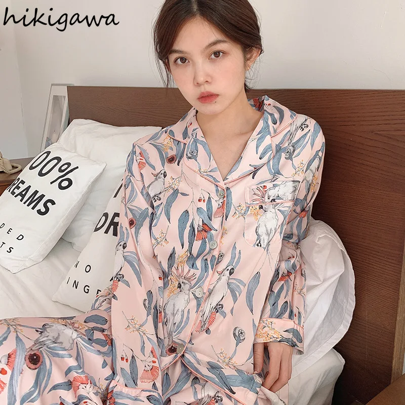 

Пижамный комплект Hikigawa, Женская шикарная пижама из вискозы с цветочным принтом, женские брючные костюмы с длинным рукавом, домашняя одежда, ...