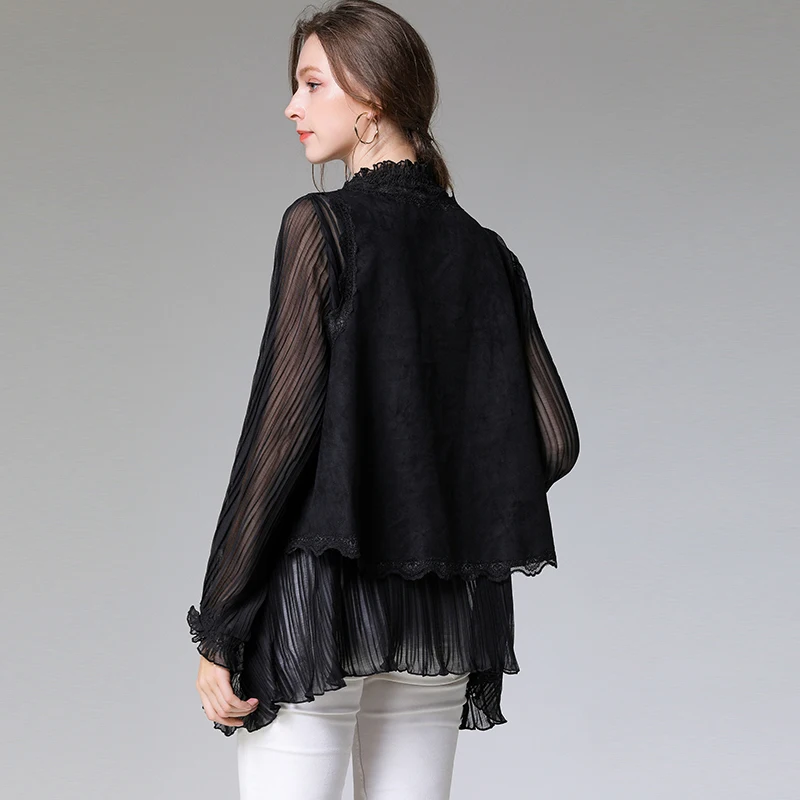 

Chiffon Shirts Blouses Women Plus Size Summer Spring 2020 New Lady Work Shirts Tops Suede Patchwork Oversized Blouse 2XL