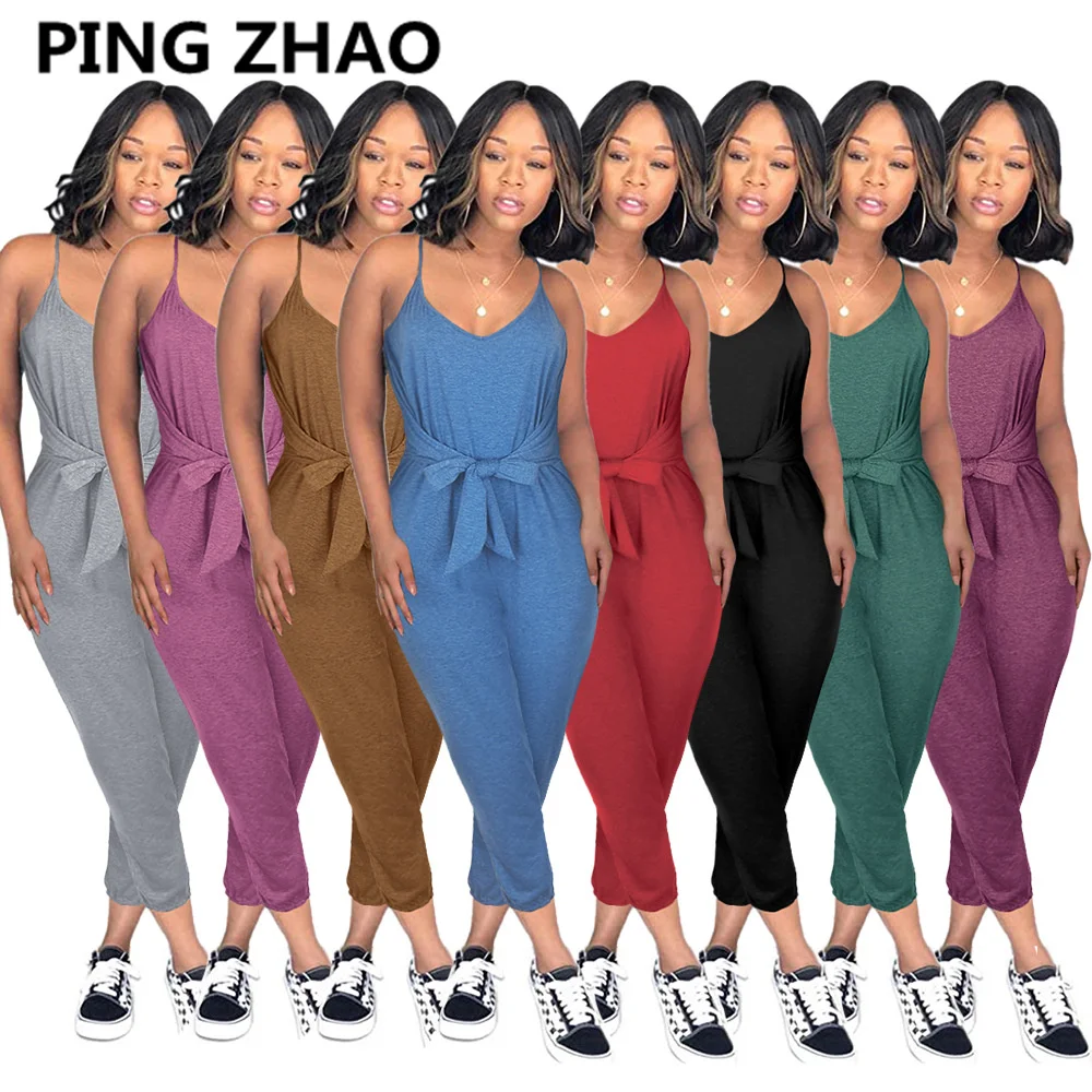 

PING ZHAO 2022 Summer Women Sleeveless Sling Loose Long Pants Overalls Casual Solid Romper Jumpsuit