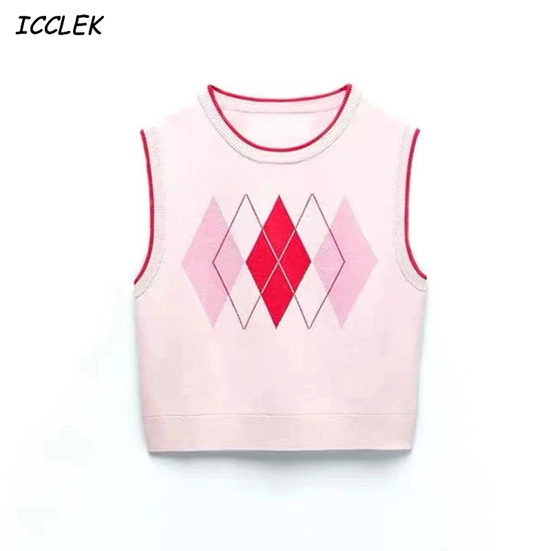 

Za Women's Knitted Vest Pink Sweaters Argyle Jumpers Femme Sleeveless Knit Tops Vintage Cropped Knitwear Slim Clothes Spring trf
