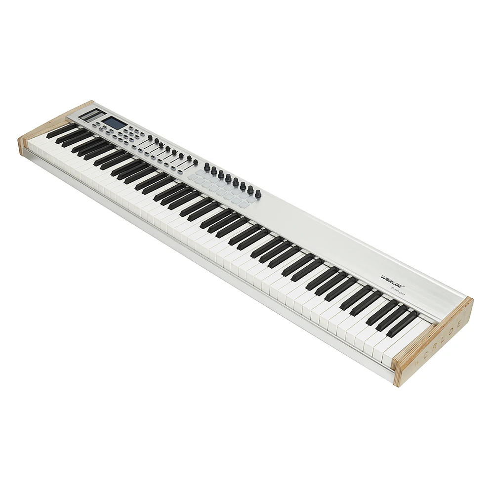

WORLDE P-88 Pro 88-клавишный USB MIDI-контроллер клавиатуры с 88 полуутяжеленными клавишами 16 RGB подсветкой триггерные подушки 8 настраиваемых слайдеро...