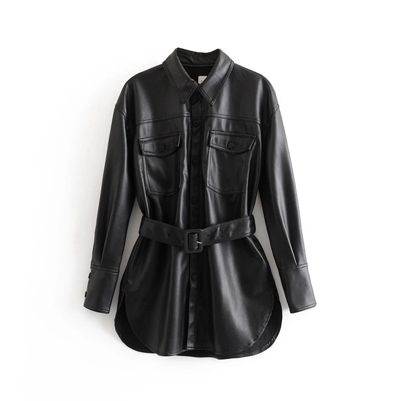 

Lokar High Fandy Imitation Leather Blouses Women Fashion PU Shirts Women Elegant Tie Belt Waist Pockets Tops Female Ladies