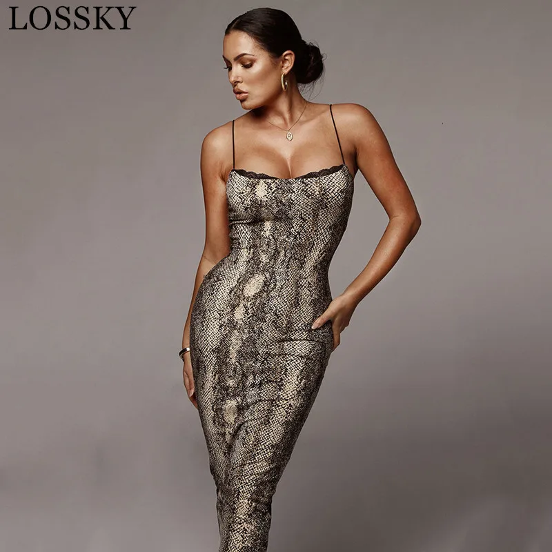 Sexy Leopard Snake Print Strap Midi Party Dress Sleeve Lace Bodycon Backless Slim Summer Elegant Long Beach Vestidos Robe | Женская