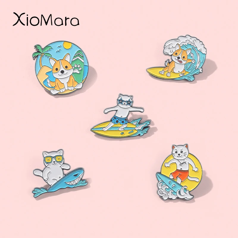 

Cute Sandy Beach Surfing Cat Dog Enamel Pins Funny Animal Sea Beach Brooch Metal Badge Lapel Denim Clothes Cute SGifts Wholesale