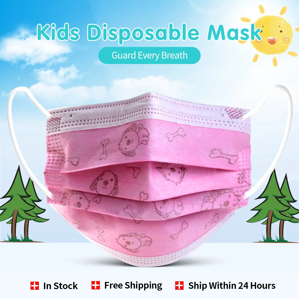 10/100Pcs Child Kids Disposable Face Masks Meltblown Dustproof Cartoon Pink Dog Mask 3 Layer Anti-Dust Pollution Fabric | Безопасность и