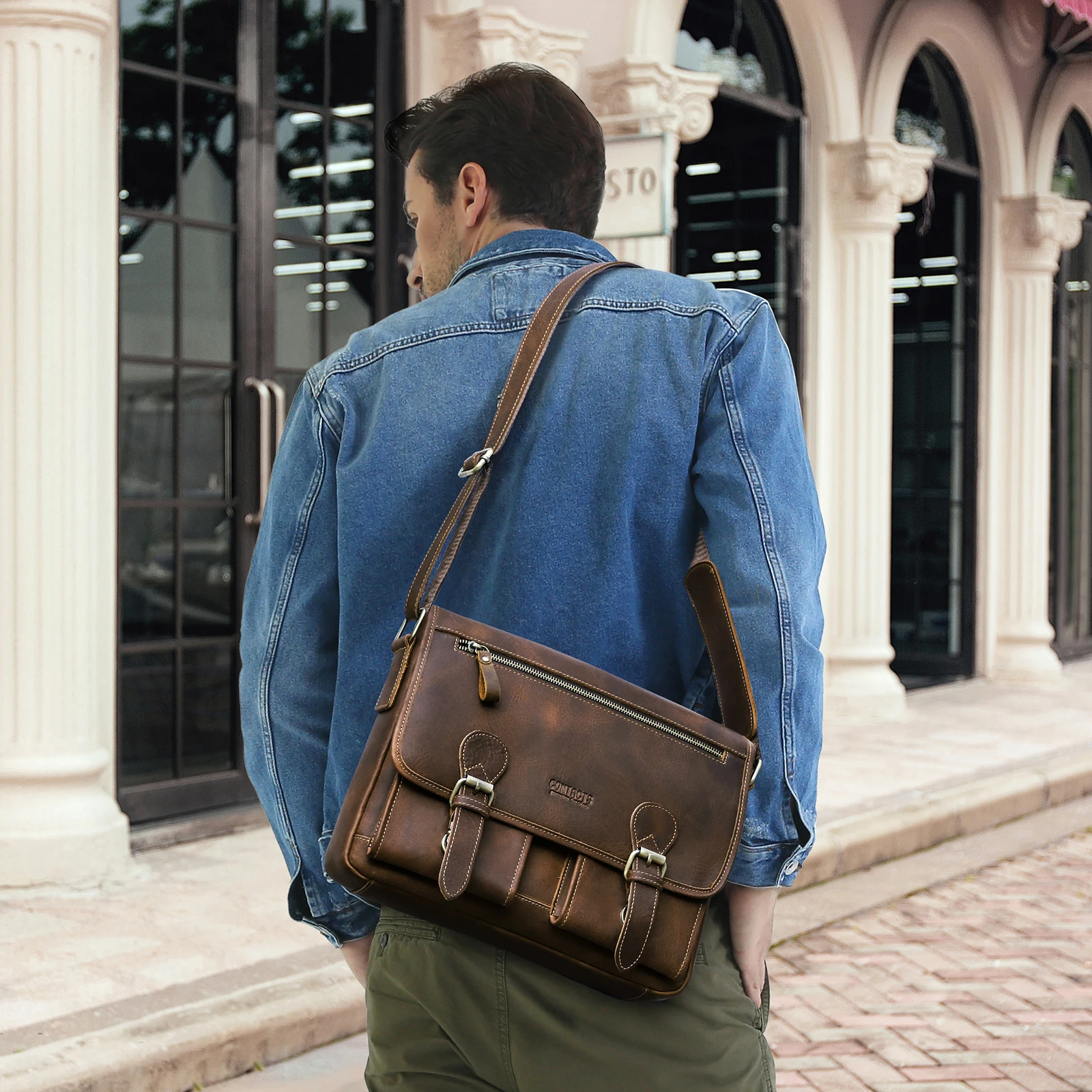 Vintage Crazy Horse Leather Men Briefcase Laptop Bag Office Business Bag Genuine Leather Men Shoulder Crossbody Briefcase