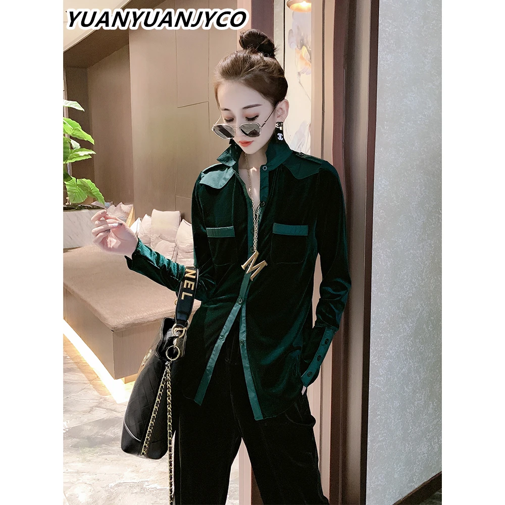 

YUANYUANJYCO Autumn Women Regular Length Office Lady Velvet Blouse Patchwork Turn-down Collar Long Sleeve Tight Woman Shirts