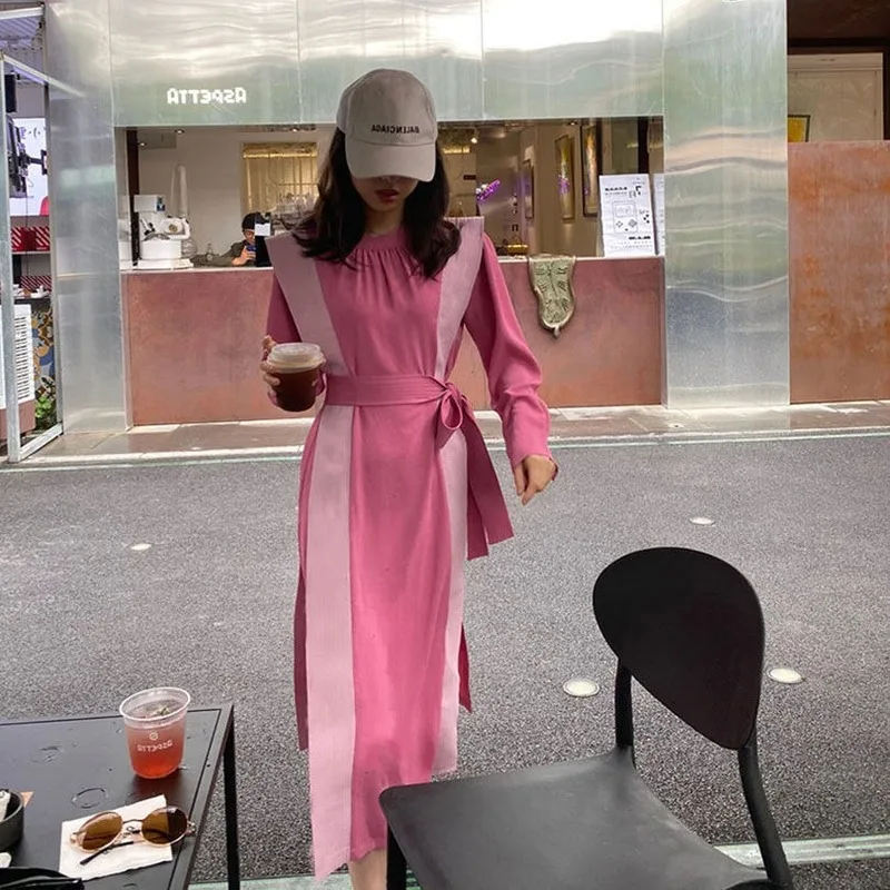 

Women Spring Autumn Full Sleeve Color Block Patchwork Bodycon Dress Lace-up Long Dresses 2021 Female Clothing Streetwear Y397