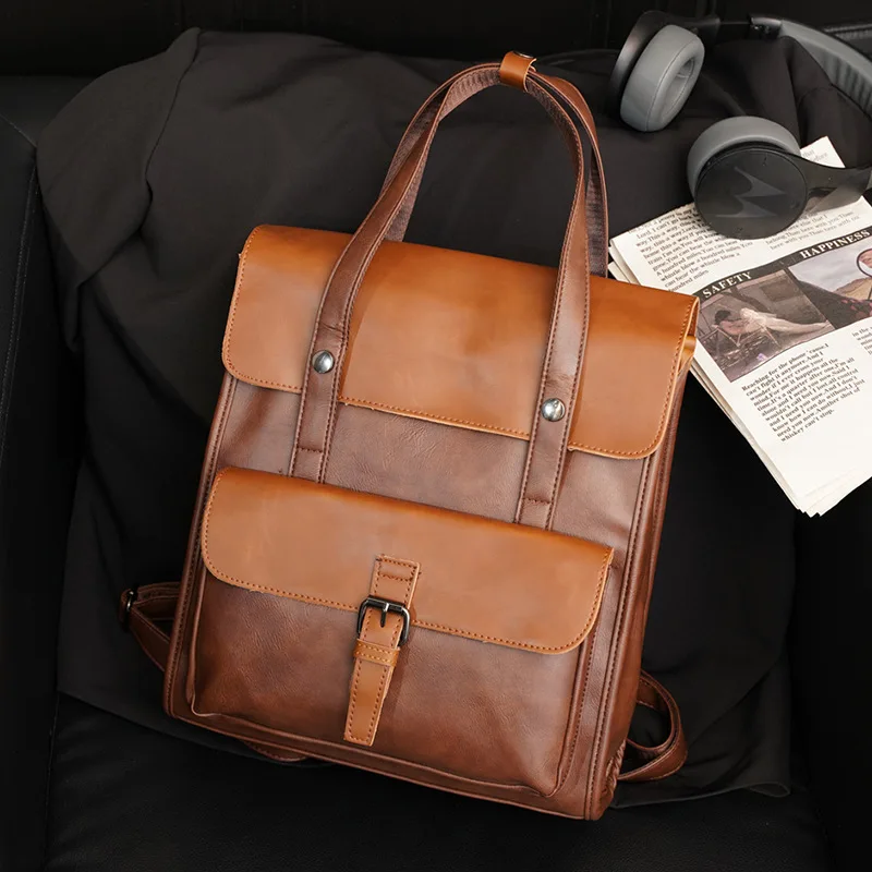 

Men's Vintage Backpack Crazy horse PU Leather school bags teenage boy bookbag Computer Laptop bag pack Business office backbag