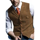 Классический Коричневый Мужской твидовый жилет с отворотами, шерстяной винтажный костюм в елочку, мужской топ с воротником