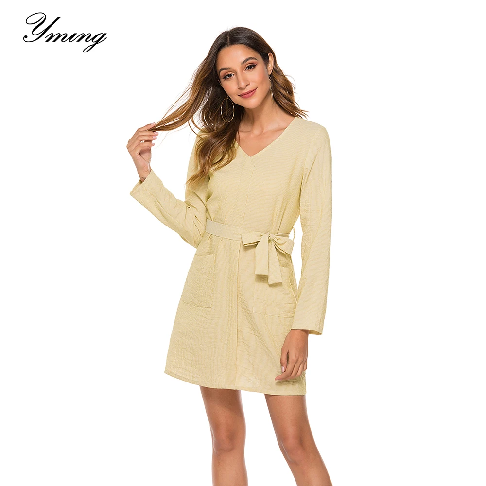 

Женское Повседневное платье YMING, удобное однотонное платье с V-образным вырезом, длинным рукавом и карманами