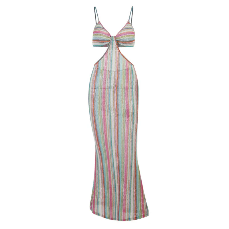 

2021 New Women's Sexy Suspender Long Skirt Fashion Color Hollow Open Back High Waist Tight Dress Autumn Party Dress