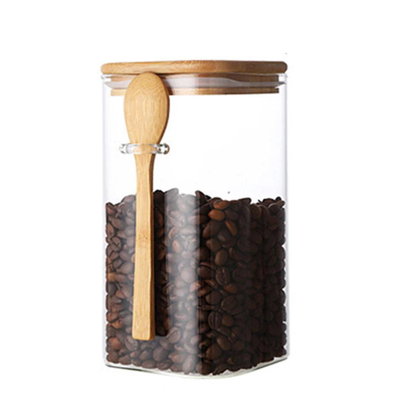 

Clear Glass Storage Canister with Bamboo Spoon Square Shape Easy to Hand Sealed Container Durable Convenient for Home INTE99