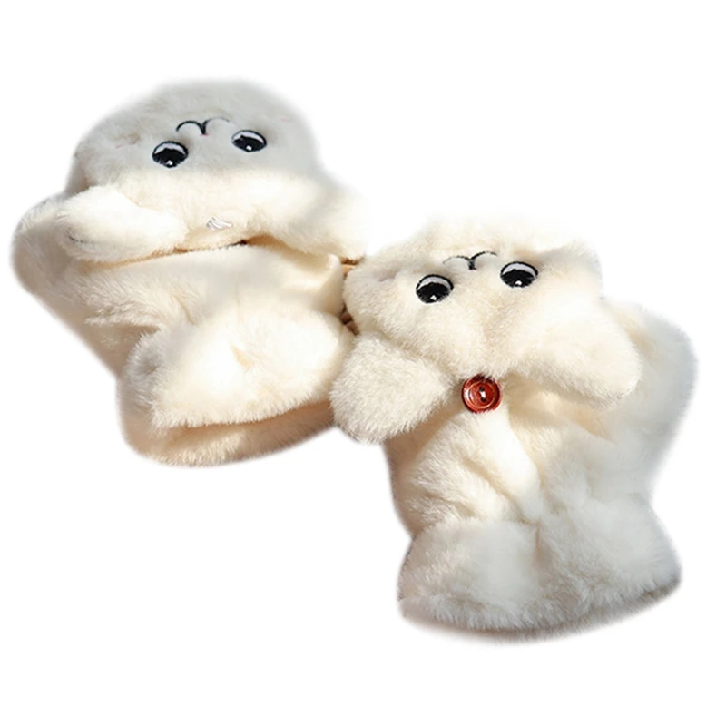 

Women Student Thicken Plush Warm Half Finger Gloves Cute Cat Embroidery Convertible Flip Top Winter Fingerless Mittens