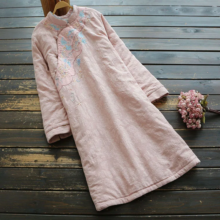 Зимние женские парки с вышивкой 2021 длинный рукав хлопковой подкладкой длинным