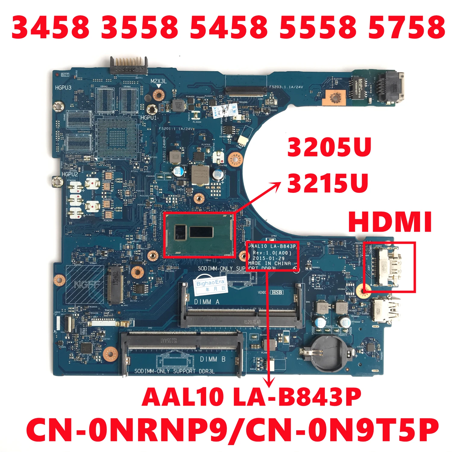 CN-0NRNP9 NRNP9 CN-0N9T5P N9T5P для dell Inspiron 3458 3558 5458 5558 Материнская плата ноутбука с 3205U 3215U 5758