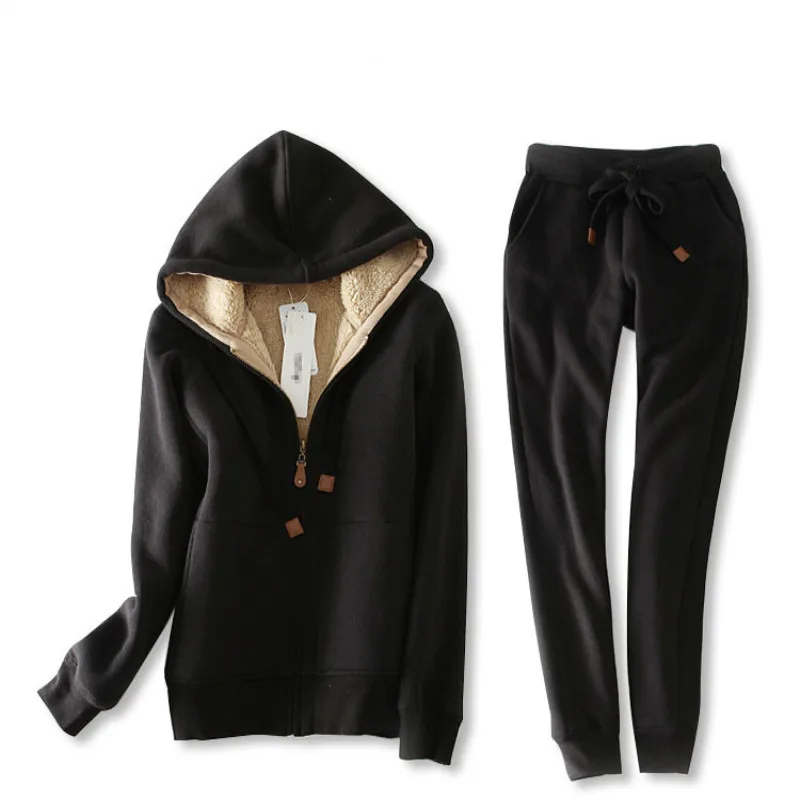 

2020 Special Offer Half Cotton New Casual Hooded Plush Sports Suit Women's Loose Autumn And Winter Lambs' Sweater Two Piece Set