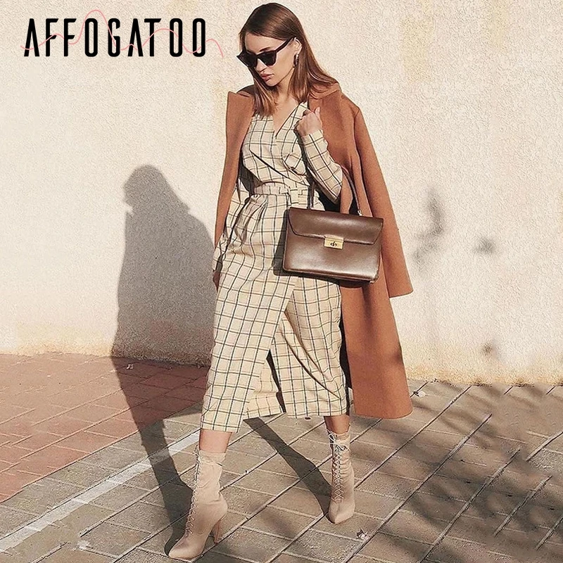 Женское длинное платье в клетку с V образным вырезом и длинным рукавом|Женские