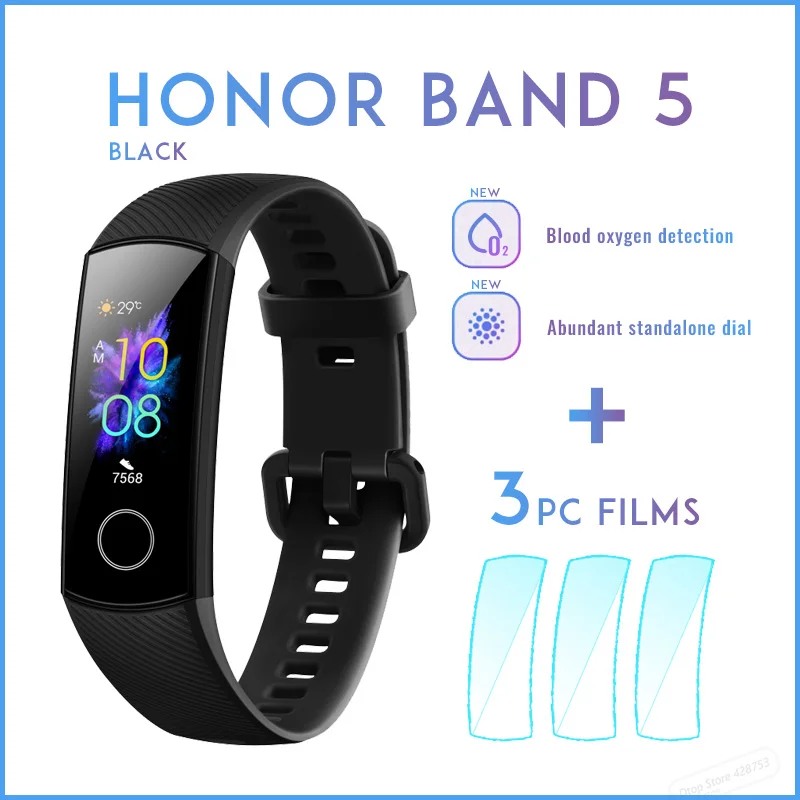 black add films Умный Браслет huawei Honor Band 5, Оксиметр, волшебный цвет, сенсорный экран, для плавания, для обнаружения сердечного ритма, сна, сна - Цвет: black add films