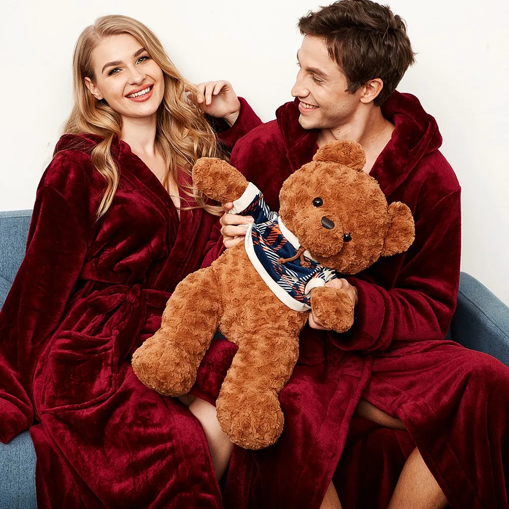 

Loose HOOD Sleepwear MEN&WOMEN Kimono Bathrobe Gown Winter Ultral Long Flannel Men Robe Casual Thick Warm For 130KG Home Clothes