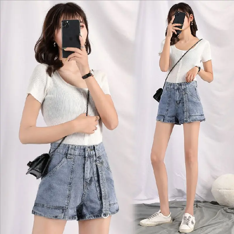 

Шорты женские джинсовые с завышенной талией, повседневные трапециевидные штаны, N0093, на лето