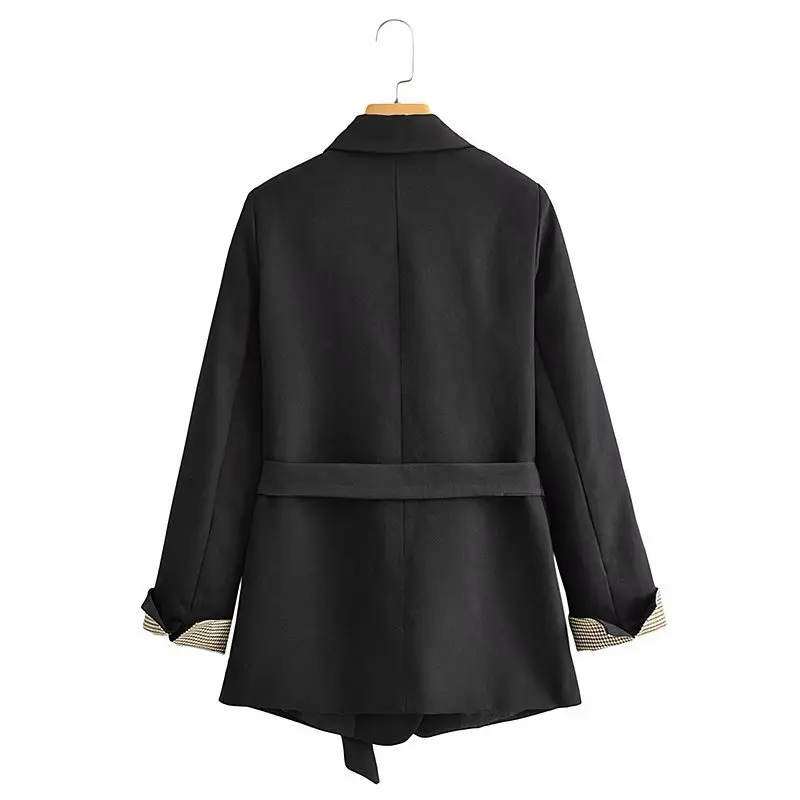 

Europe and the United States2020Winter cuff Plaid long sleeve suit Double-breasted lacing mid-length coat