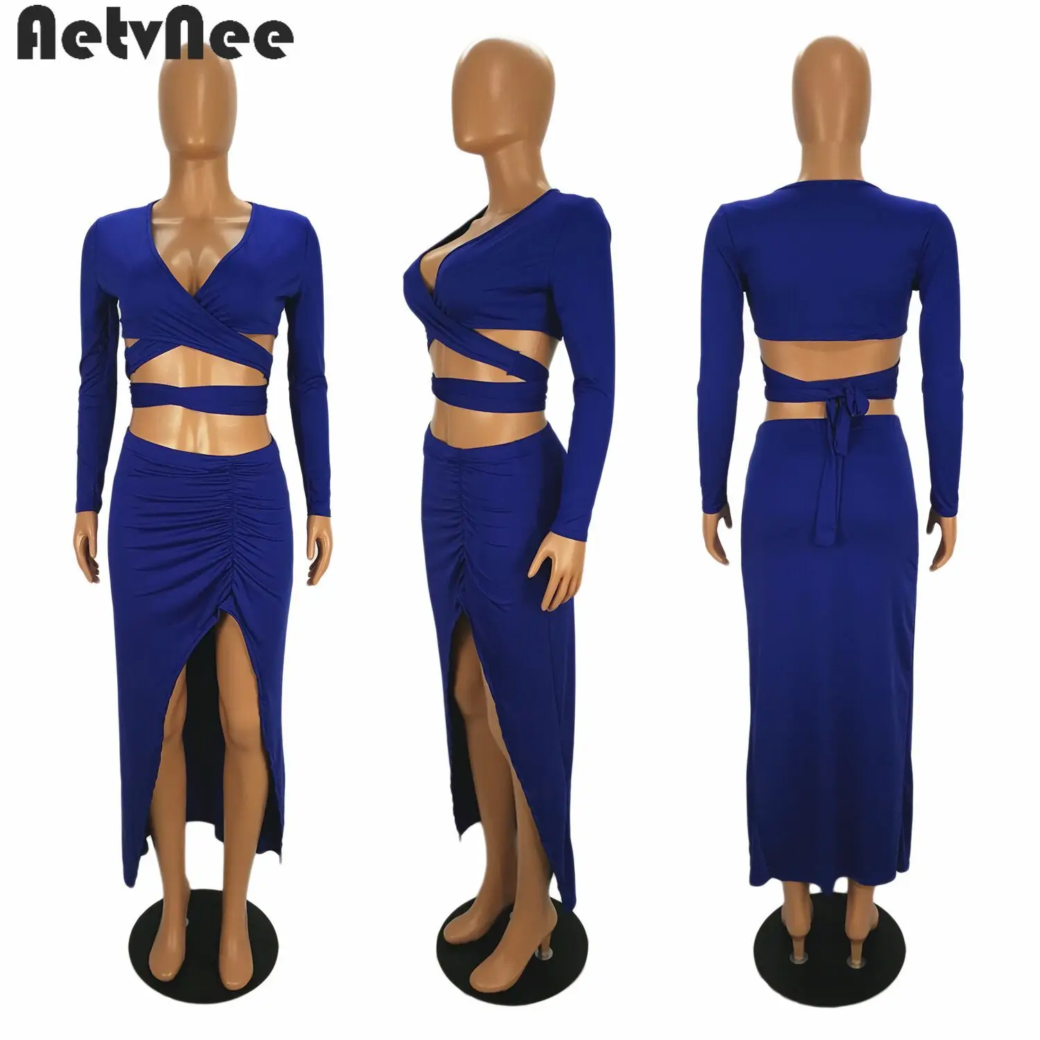 

AetvNee Solid 2 Two Piece Set Women 2021 Autumn V-Neck Long Sleeve Crop Top and Folds Sexy Skirt Sets Club Party Evening Outfits