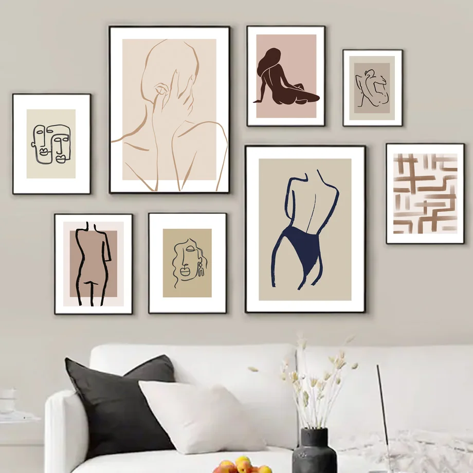 

Nordic Poster Abstract Woman Human Body Striped Curve Line Face Wall Art Print Canvas Painting Decor Pictures For Living Room